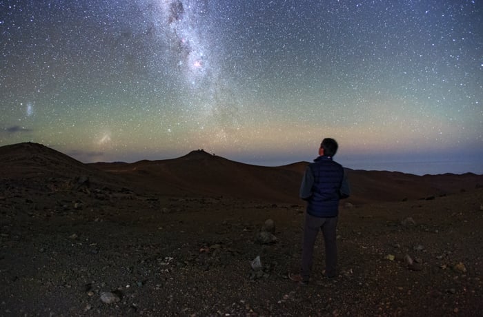 Young Man in Desert Landscape Looking up at Starry Sky and Milky Way
