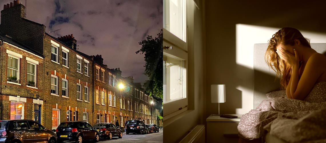 Photos showing street lighting trespassing into people’s homes, a woman having trouble sleeping