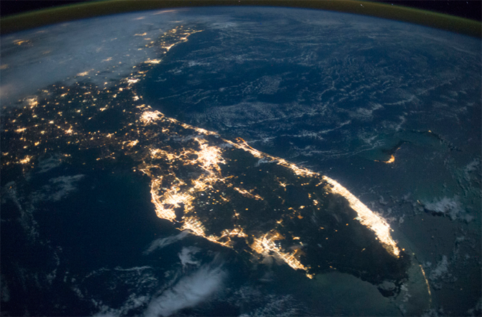 A nighttime satellite image of Florida showing excessive lighting that creates skyglow.