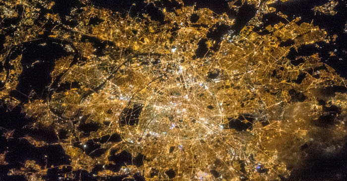 A NASA nighttime satellite image of the City of Paris showing a lot of light pollution.