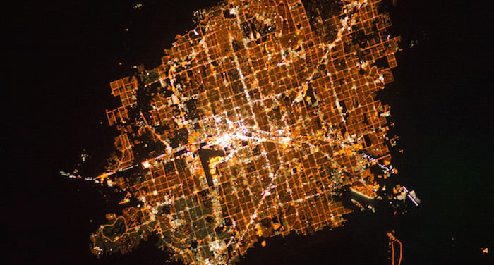 A satellite image of Las Vegas showing a sea of lights.