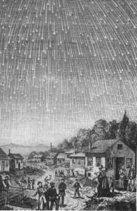 The most famous depiction of the famous 1833 Leonids Meteor Storm. The engraving, by Adolf Vollmy, is based upon an original painting by the Swiss artist Karl Jauslin.