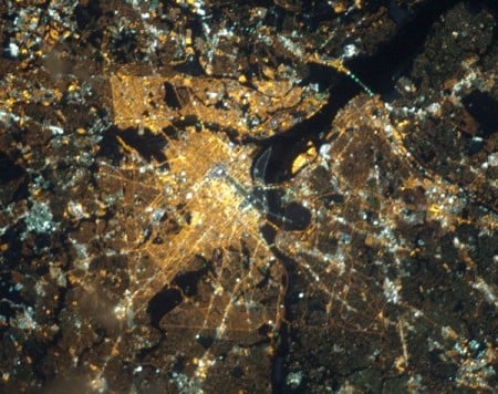 Satellite photo of Washington, D.C. at night showing all the lights. 
