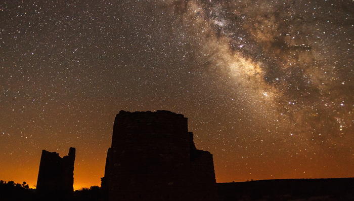 The Milky Way rises over Ancestral Puebloan ruins at Hovenweep National Monument, USA. Photo by Jacob W. Frank.