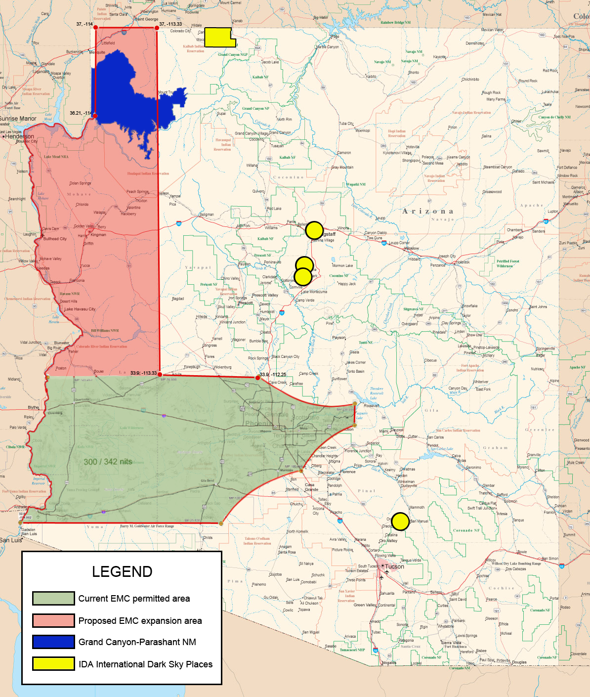 An Arizona map with overlays showing current and proposed regions in which digital billboards are permitted by law, Grand Canyon-Parashant International Dark Sky Park, and other IDA Dark Sky Places