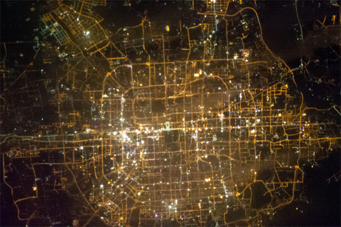 A nighttime image of Beijing, China, obtained by astronauts aboard the International Space Station. NASA photo.