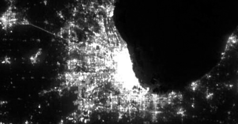 Nighttime lights of the greater Chicago, U.S., area seen by the VIIRS instrument aboard the Suomi NPP satellite in 2015. NOAA photo.