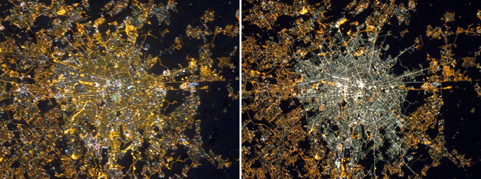 Images of the city of Milan, Italy, at night in 2012 (left) and 2015 (right), taken by astronauts aboard the International Space Station. NASA photo.