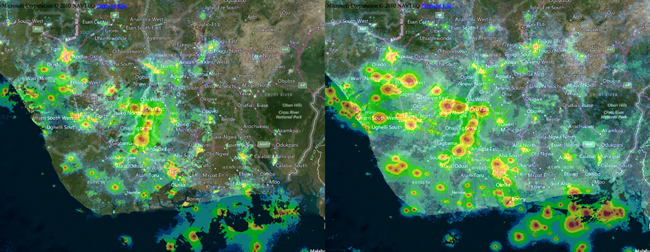 Night light data from the Niger River delta in 2012 (left) and 2015 (right). Lightpollution.info photo.