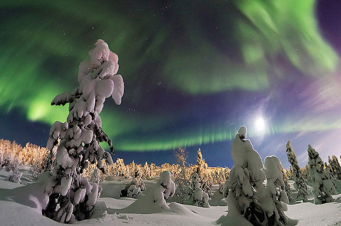 “The Enchanted Forest” by Lyubov Trifonova. The Moon and the northern lights lit up the snow-covered forest in Murmansk, northwestern Russia, Dec. 2014. The first winner of the 2015 International Earth & Sky Photo Contest, Beauty of Night Sky category.