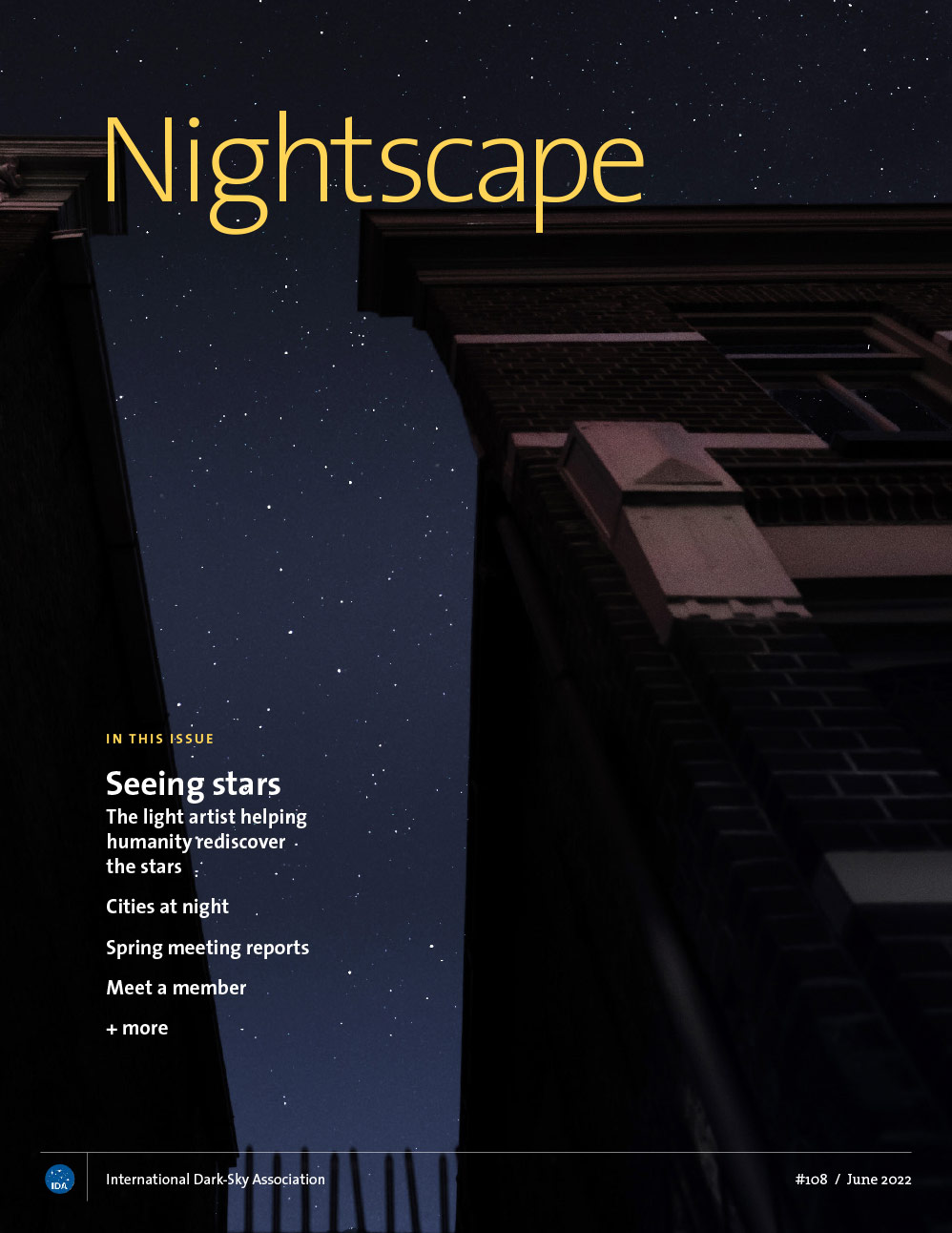 Cover of Nightscape magazine, June 2022 issue, showing a darkened building and stars in a night sky above it