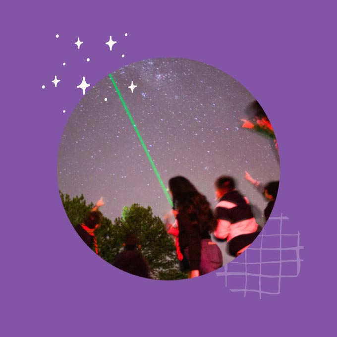 Photo illustration of people using a laser pointer to point out star constellations in the sky at night.