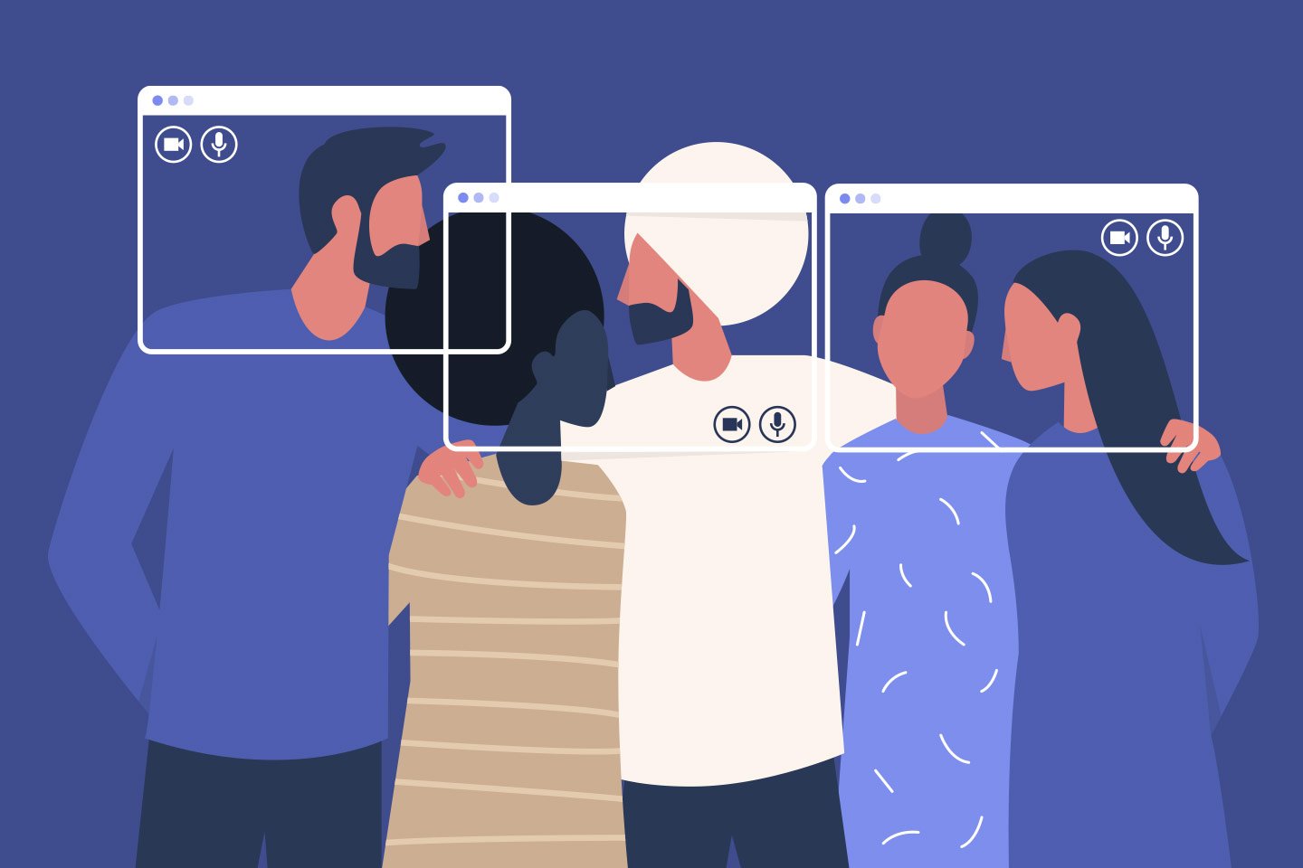 Illustration of people joining together virtually and in person.