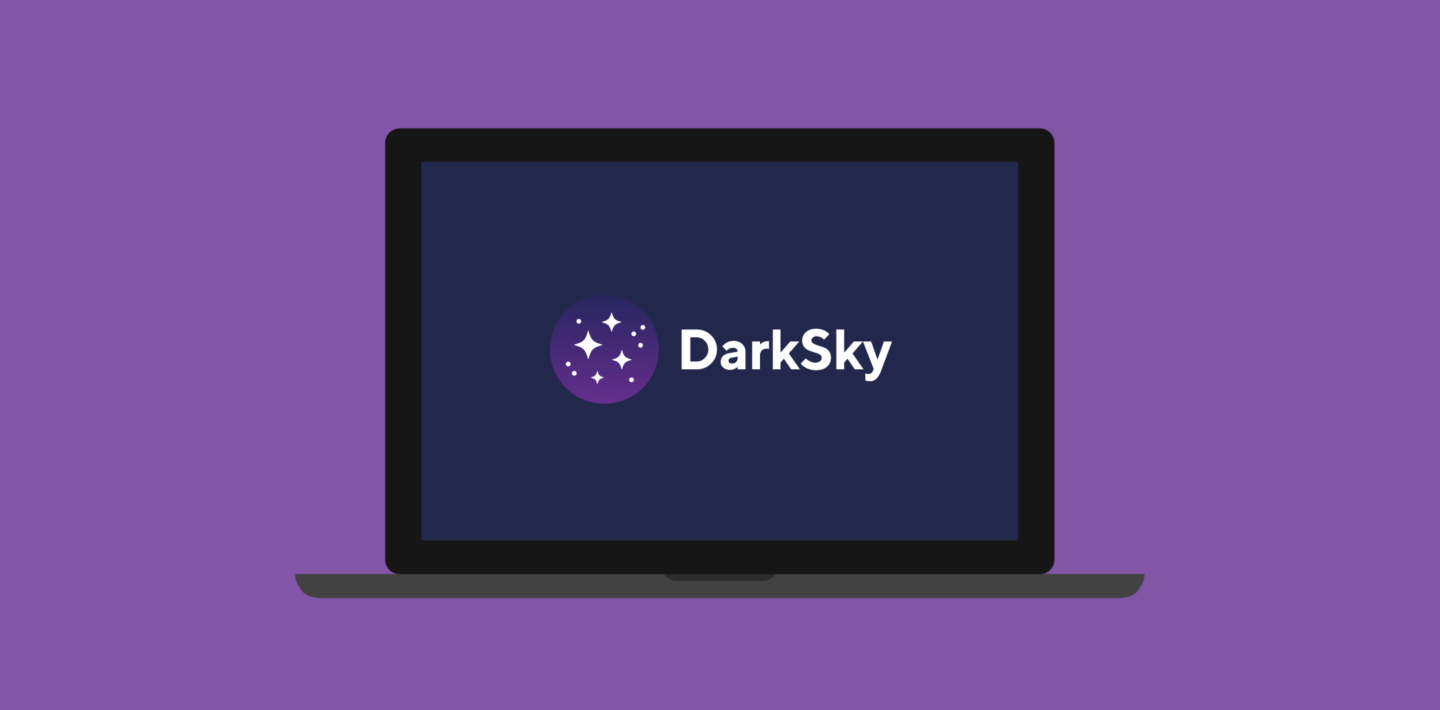 Laptop with DarkSky logo on its screen.