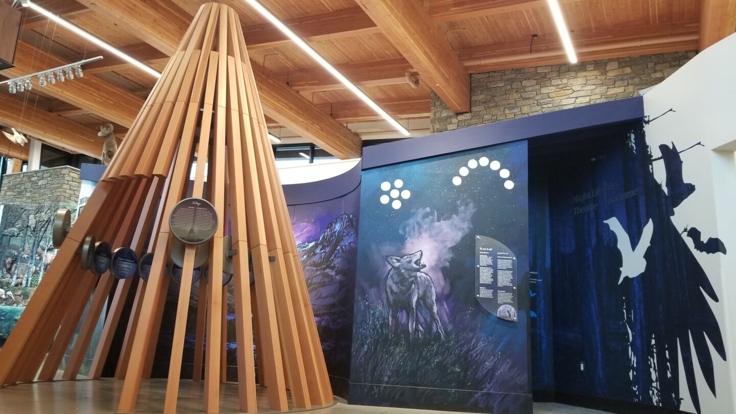 A wood frame teepee stands in front of a dark sky exhibit in a museum. 