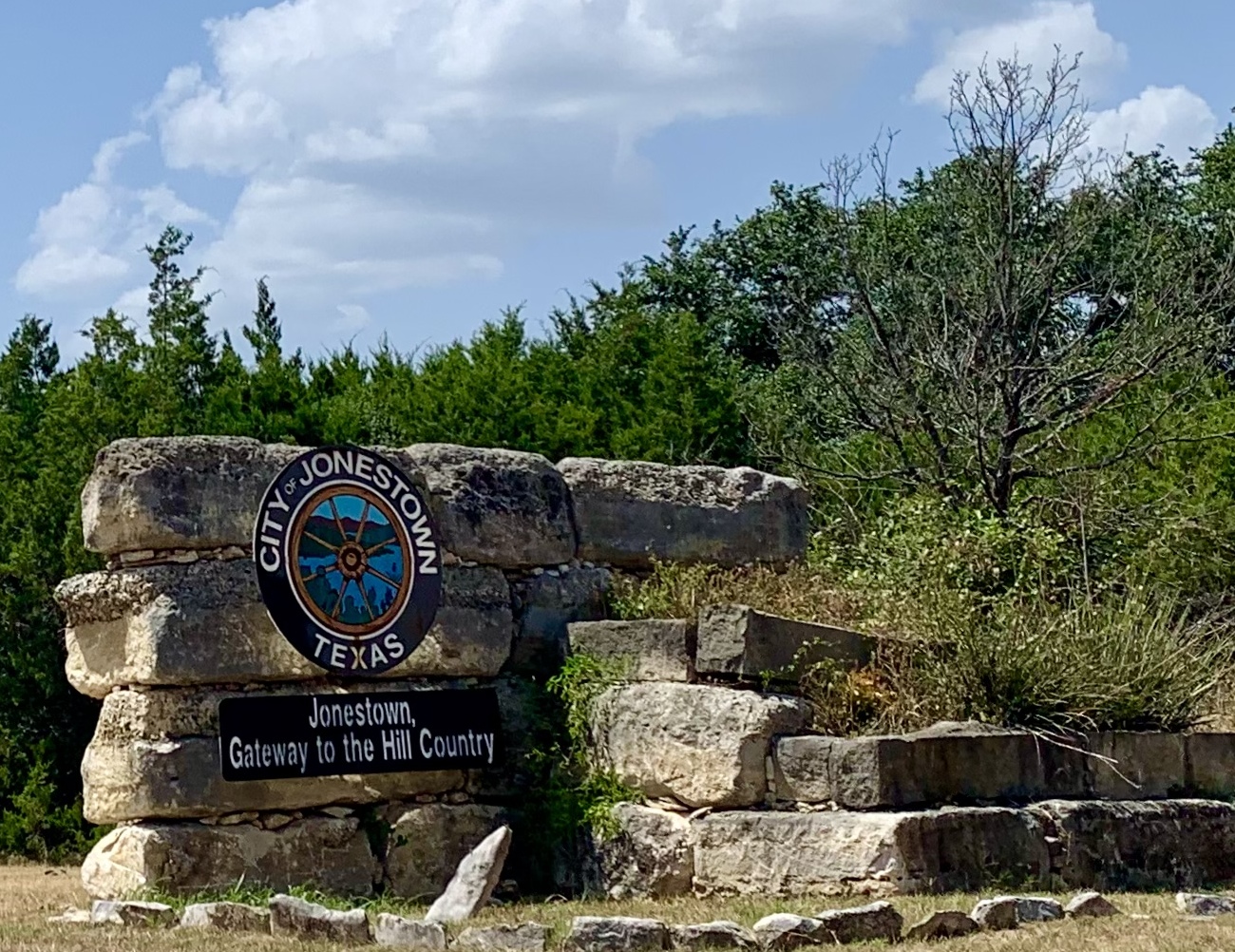 Welcome sign, Jonestown, Texas