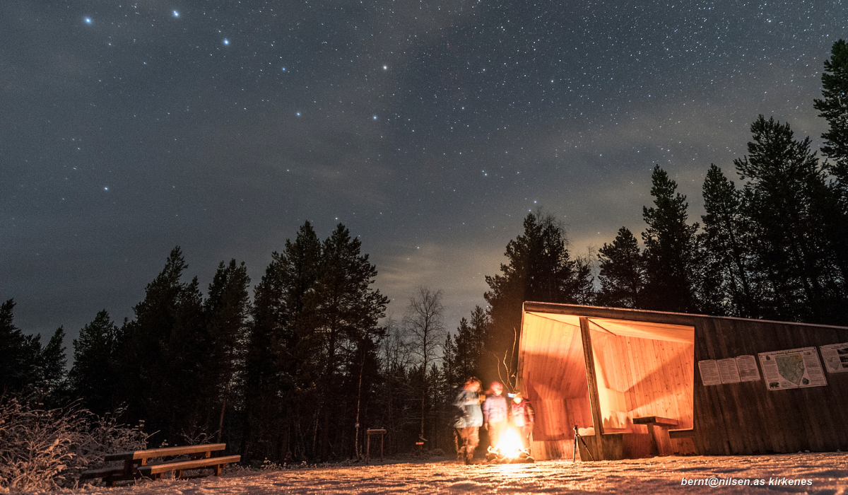 Showing the starry skies at the most popular entrance, for hiking to the Three-Country Cairn in the Øvre Pasvik National Park. The Three-Country Cairn is the tripoint at which the borders of Norway, Russia and Finland meet.