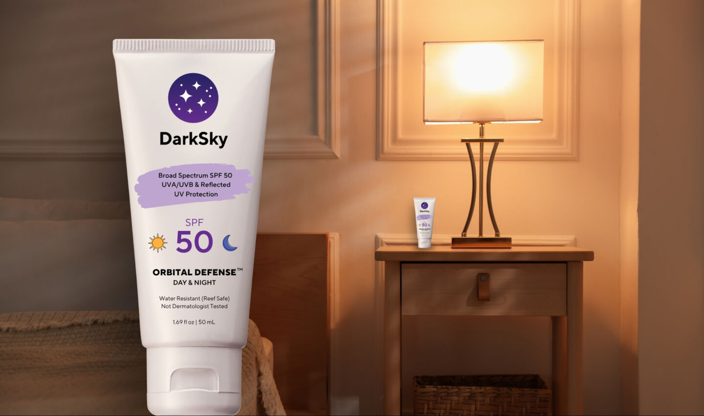 Photo of sunscreen on a bedside table. 