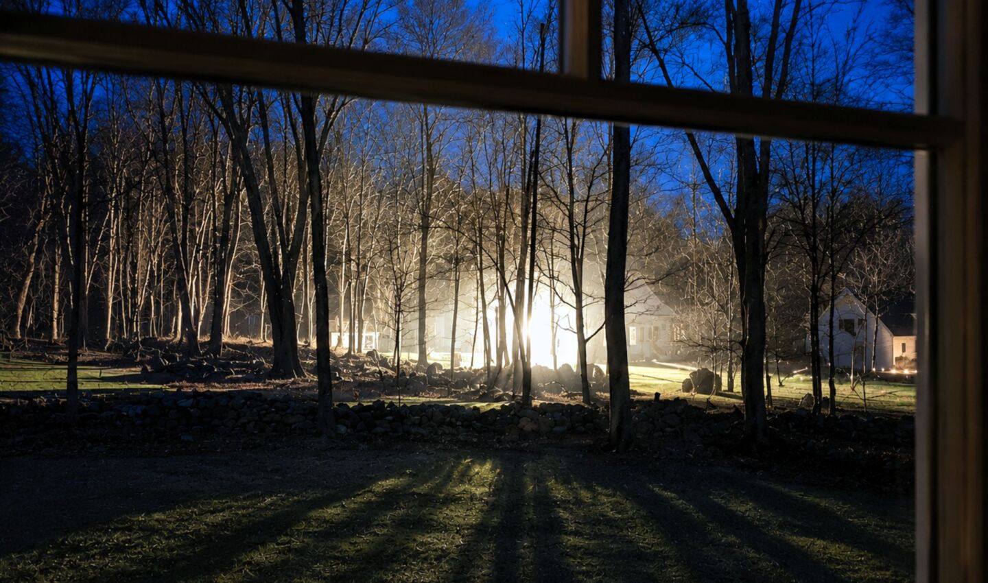 View from inside a house looking through a window at a neighboring property illuminated by extremely bright outdoor lighting at dusk. Tall, leafless trees cast long shadows across the foreground lawn, while intense white light from the neighboring home creates significant glare and illuminates the surrounding woods beneath a deep blue evening sky.